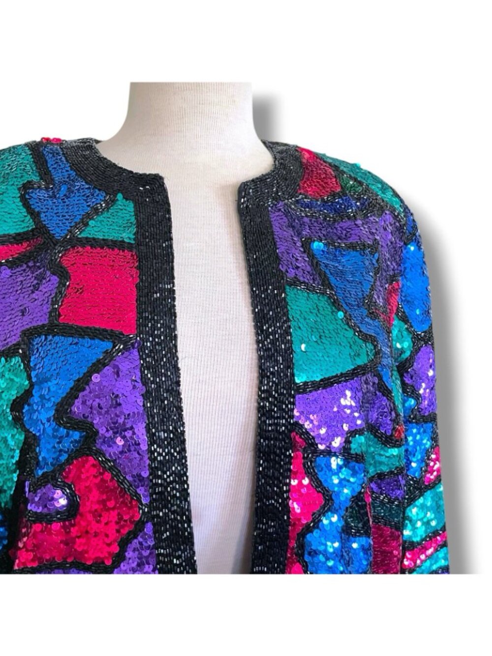Vintage Oleg Cassini Black Tie Jacket Sz Large Jewel Tone Beaded Sequin Silk - Picture 7 of 10